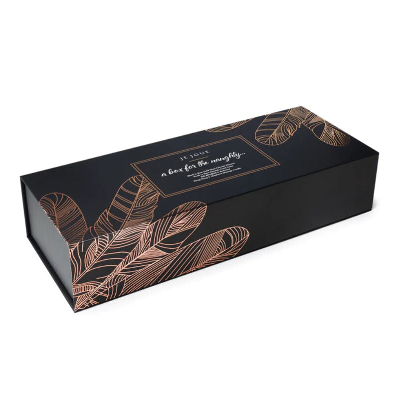 Boîte allongée noire fermée du coffret coquin Je Joue, couvercle à motif feuillage cuivré et mention « a box for the naughty », packaging cadeau raffiné.