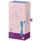 Boite rose pâle Satisfyer G-Spot Flex 1 Multi Vibrator, visage illustré au trait, vibromasseur point G bleu en silicone à col flexible bendable.