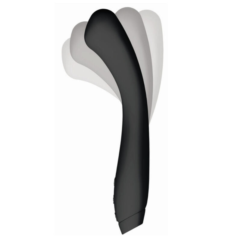 Vibromasseur Juno noir montré en plusieurs positions superposées, sa tige courbe se fléchit progressivement, démonstration de la souplesse du silicone sur fond blanc parfaitement épuré.