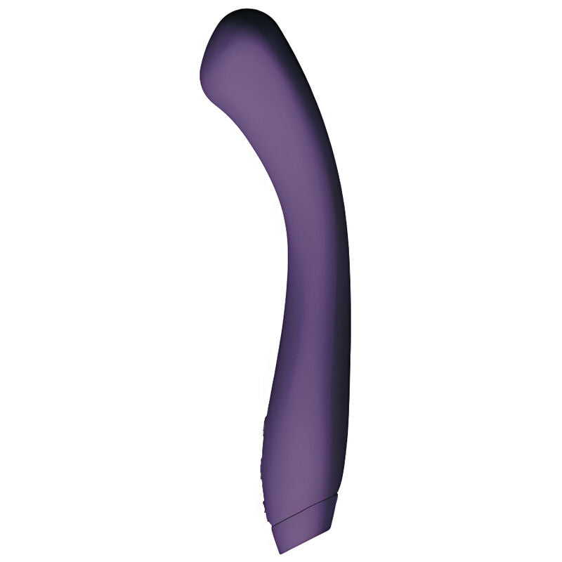 Vibromasseur point G Juno violet présenté debout, tige fine et courbée à embout incliné squishy, finition mate en silicone doux du produit détaillée de près sur fond blanc épuré.