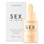Gouttes de massage revitalisantes Revitalizing Massage Drops Sex au Naturel Bijoux Indiscrets, flacon compte-gouttes ambre et etui, soin sensuel 30 ml sur fond blanc