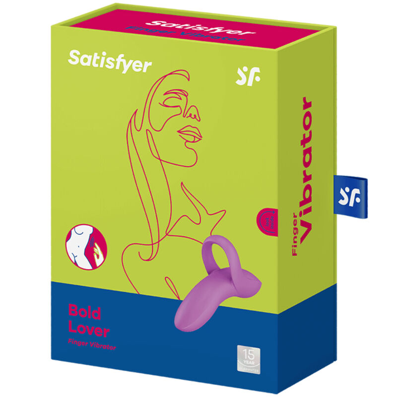Boite verte Satisfyer Bold Lover Finger Vibrator avec visage illustré au trait et vibromasseur doigt fuchsia en silicone à boucle, douze programmes.