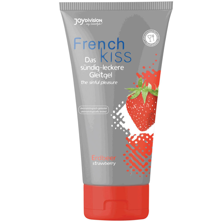 Tube French Kiss gel sexuel oral comestible saveur fraise 75 ml Joydivision, visuel fraise rouge, texture lisse fruitee compatible preservatifs pour les plaisirs oraux