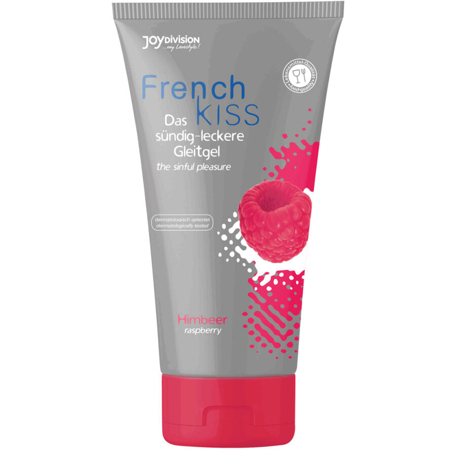 Tube French Kiss gel oral comestible saveur framboise 75 ml Joydivision, design gris et rose avec framboise, formule gourmande compatible preservatifs pour plaisirs oraux