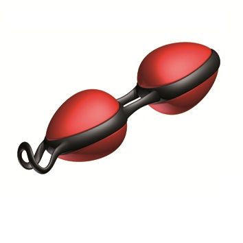 Boules de Geisha Joyballs Secret rouges et noires de trois quarts avec boucle de retrait, duo Multifit en silicone pour entrainement progressif du plancher pelvien