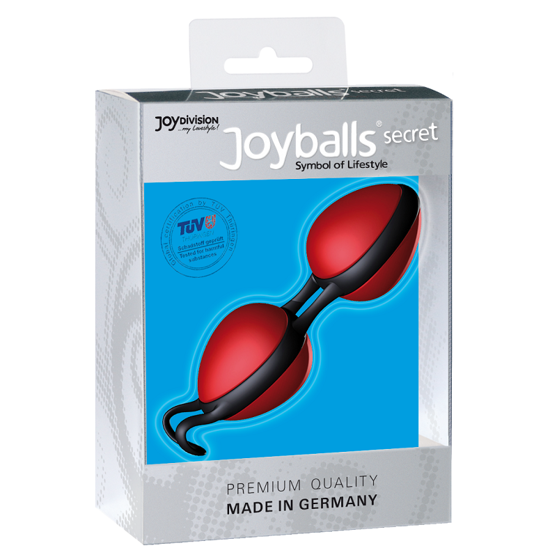 Boite Joyballs Secret Joydivision boules de Geisha rouge, packaging turquoise TUV Made in Germany vu de face du duo Multifit en silicone pour le perinee