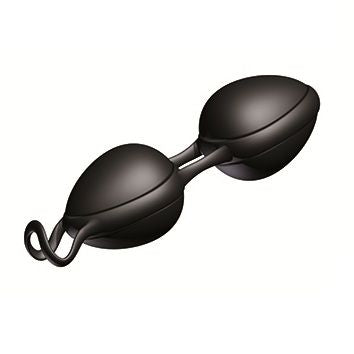 Boules de Geisha Joyballs Secret noires de profil avec boucle de retrait, duo Multifit en silicone a effet trampoline pour renforcer le plancher pelvien en douceur