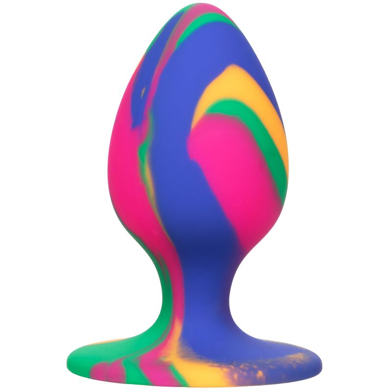 Plug anal Cheeky en silicone tie-dye multicolore de 7,5 cm sur base ventouse, vue de face du corps lisse et coloré conçu pour les débutant·e·s.