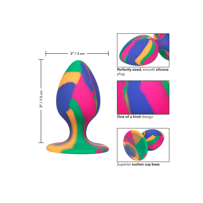 Schéma coté du plug anal Cheeky en silicone tie-dye, dimensions 5 cm, vignettes du corps lisse, du design unique et de la base ventouse supérieure.