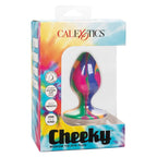Boîte Cheeky Medium Tie-Dye Plug CalExotics, plug anal en silicone multicolore en vitrine, pictogrammes base ventouse, silky smooth et one of a kind.