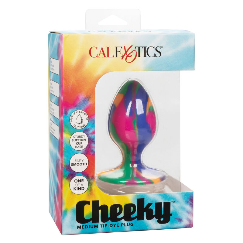Boîte Cheeky Medium Tie-Dye Plug CalExotics, plug anal en silicone multicolore en vitrine, pictogrammes base ventouse, silky smooth et one of a kind.