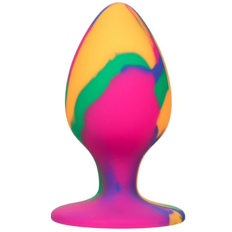 Plug anal Cheeky Large en silicone tie-dye rose, jaune et vert sur base ventouse, vue de face du corps lisse et bombé de 9 cm pour le jeu mains libres.