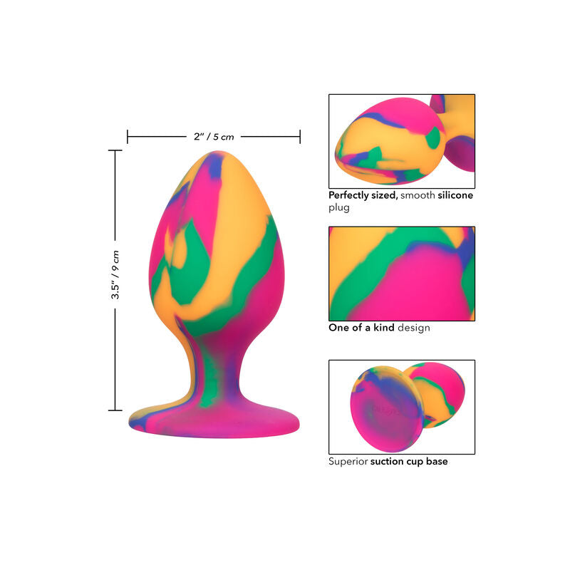 Schéma coté du plug anal Cheeky Large en silicone tie-dye, dimensions 5 cm, vignettes du corps lisse, du design unique et de la base ventouse supérieure.