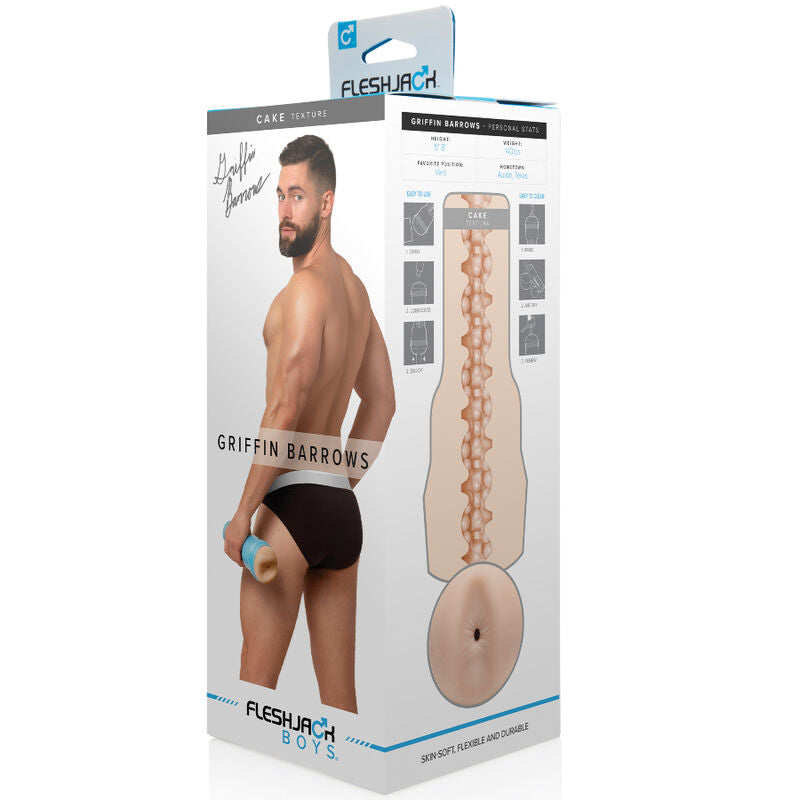 Boite Fleshjack Griffin Barrows du masturbateur anal Fleshlight, packaging presentant la gaine moulee en cyberskin et les caracteristiques du produit signature.