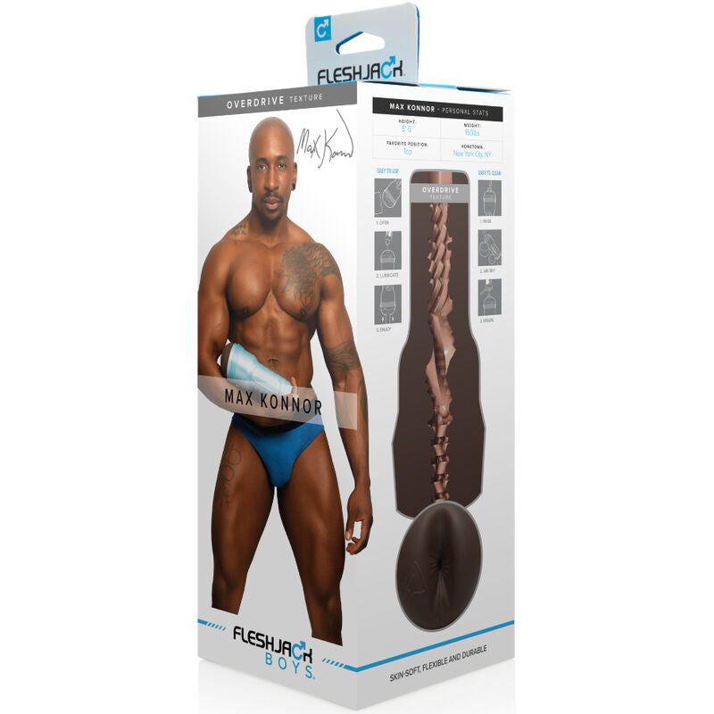 Boite Fleshjack Max Konnor texture Overdrive, packaging presentant la gaine moulee brune et les caracteristiques du masturbateur anal signature en silicone.