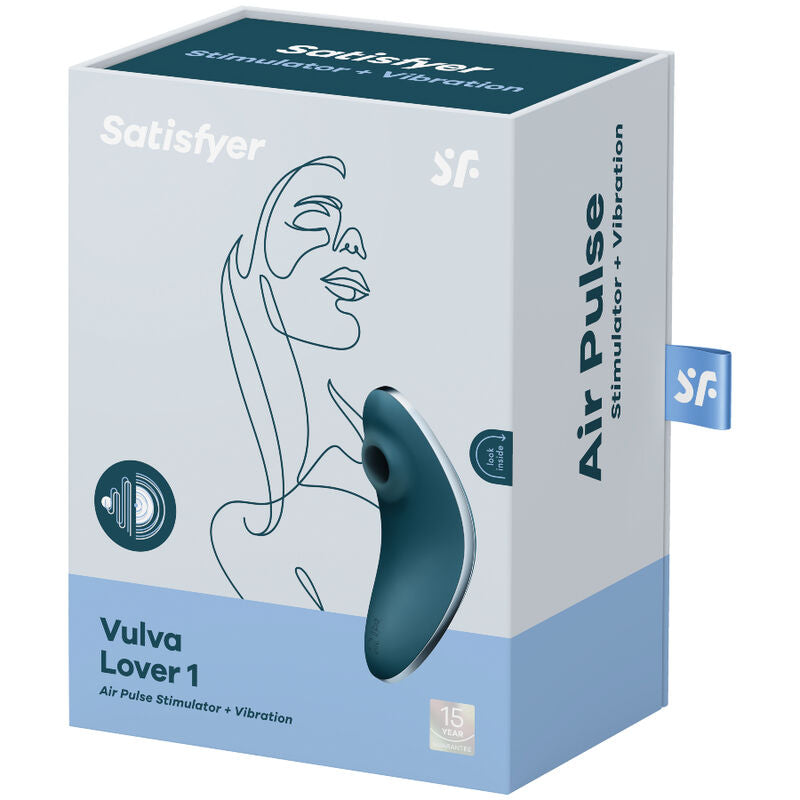 Boite Satisfyer Vulva Lover 1 grise et bleue, dessin au trait d'un profil, stimulateur bleu petrole air pulse et vibration presente de cote.