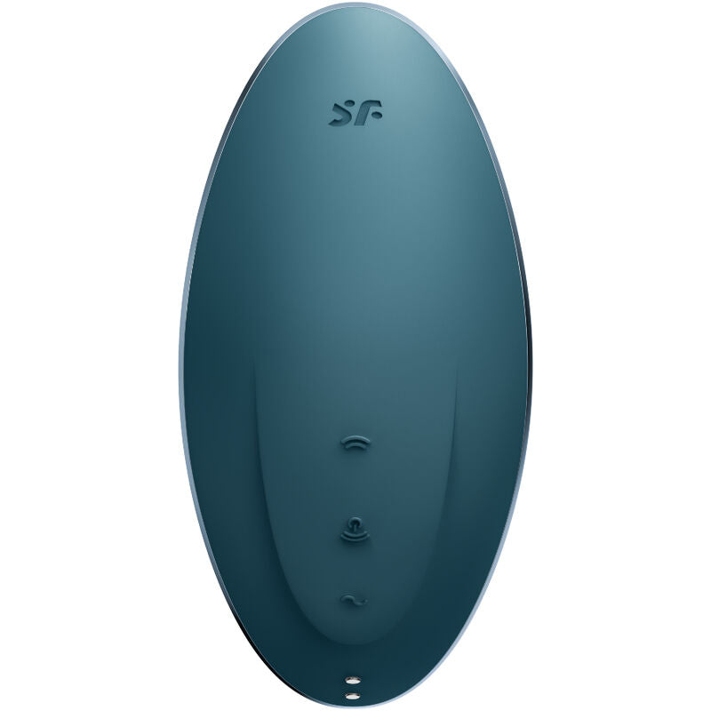 Stimulateur Satisfyer Vulva Lover 1 bleu petrole vu de dos, coque ovale lisse, logo SF grave, boutons discrets, silicone medical etanche IPX7.
