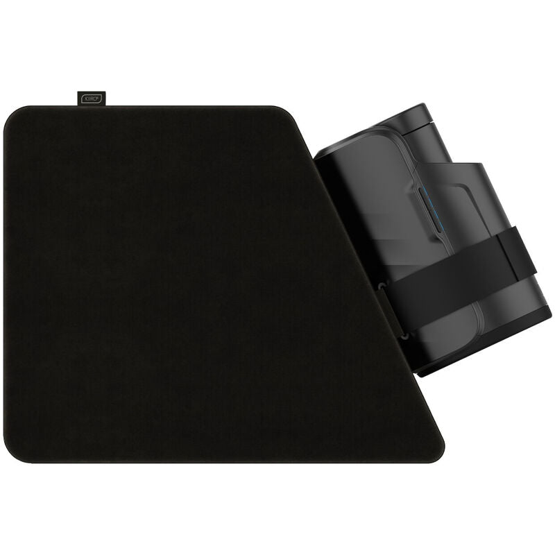 Oreiller de positionnement Keon noir effet velours avec masturbateur fixe, coussin mousse PU a sangle de maintien integree pour caler l'appareil au bon angle mains libres.