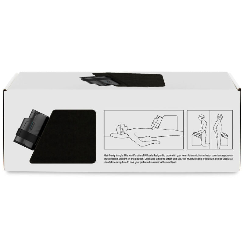 Boite Keon Multifunctional Pillow cote notice illustrant les positions d'usage, oreiller de positionnement mousse PU a sangle pour maintenir le masturbateur Keon mains libres.