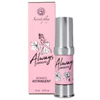 Astringent intime Always Virgin 15 ml de Secret Play, flacon airless et boite rose illustree d'une silhouette feminine stylisee, effet resserrement vaginal, vue produit.