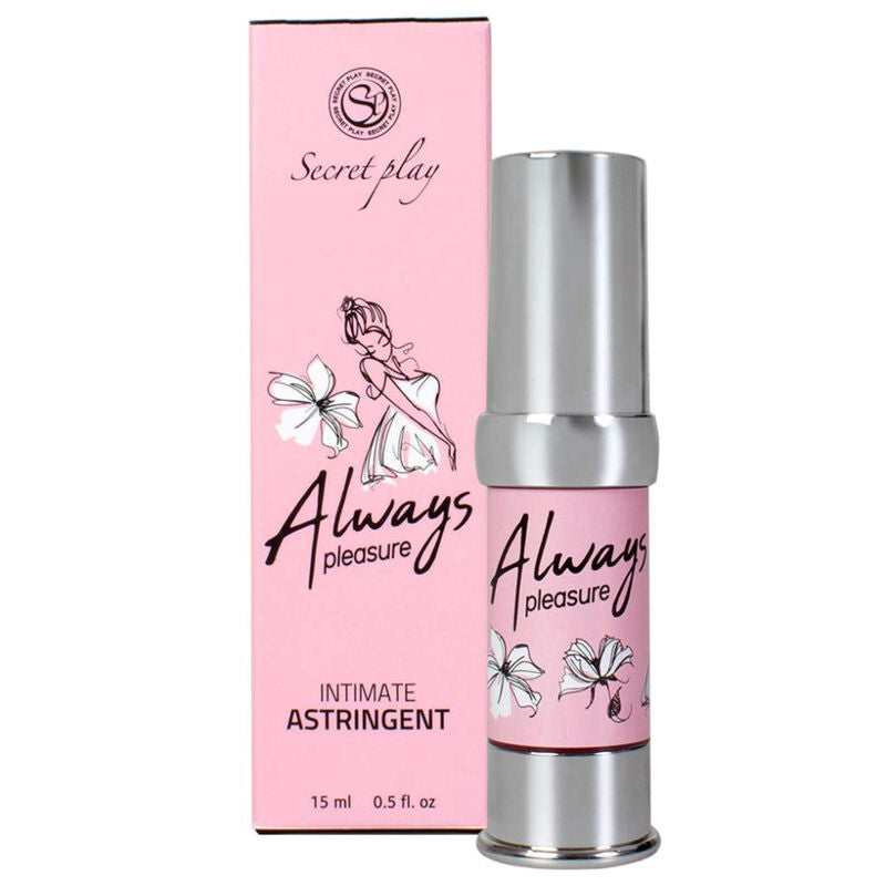 Astringent intime Always Virgin 15 ml de Secret Play, flacon airless et boite rose illustree d'une silhouette feminine stylisee, effet resserrement vaginal, vue produit.