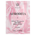 Sachet 4 ml de lotion corporelle Aphrodite Silk Skin pour femme, packaging rose satine Secret Play aux pheromones naturelles, face avant lisible, texture soie hydratante a la truffe.