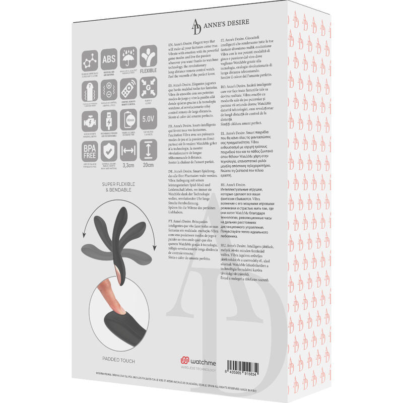 Dos de la boite Anne's Desire du vibromasseur point G, pictogrammes techniques et schema de flexibilite du silicone, emballage sans element anatomique.
