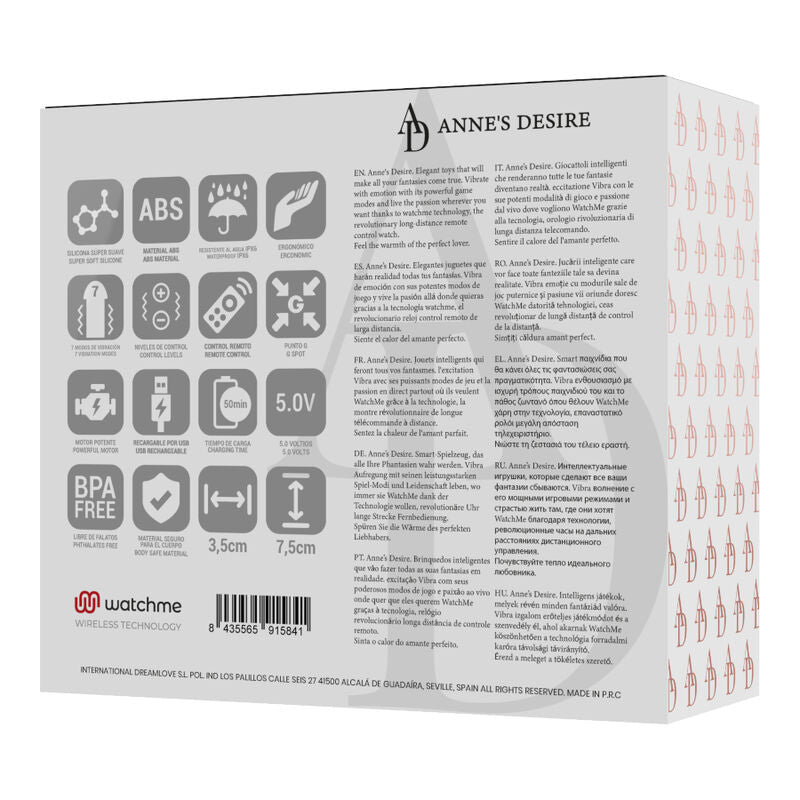Dos de la boite du mini vibromasseur oeuf Anne's Desire, pictogrammes techniques, BPA free et dimensions 3,5 et 7,5 cm, emballage sans anatomie.