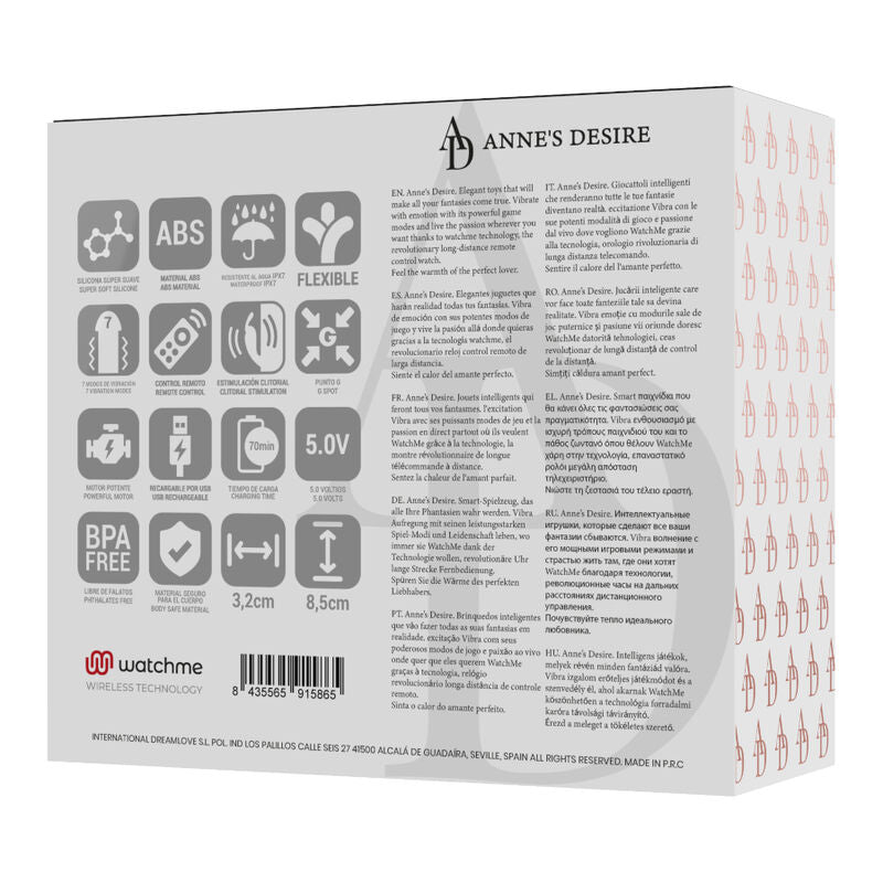 Dos de la boite du vibromasseur de couple Anne's Desire, pictogrammes ABS, BPA free et dimensions 3,2 et 8,5 cm, emballage technique sans anatomie.