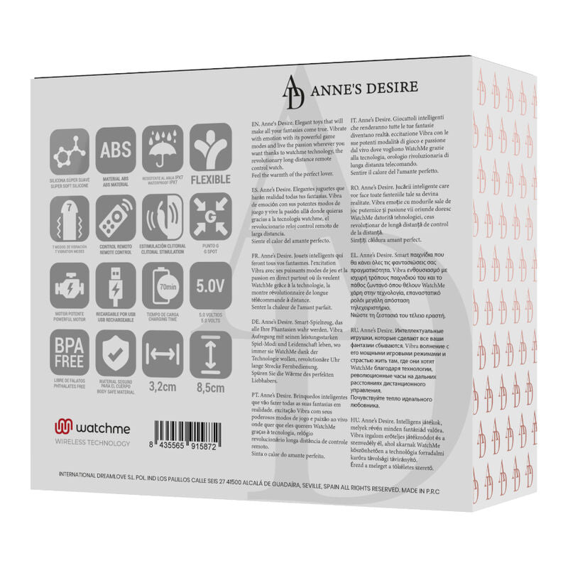 Dos de la boite du stimulateur de couple Anne's Desire, pictogrammes ABS, BPA free et dimensions 3,2 et 8,5 cm, emballage technique sans anatomie.