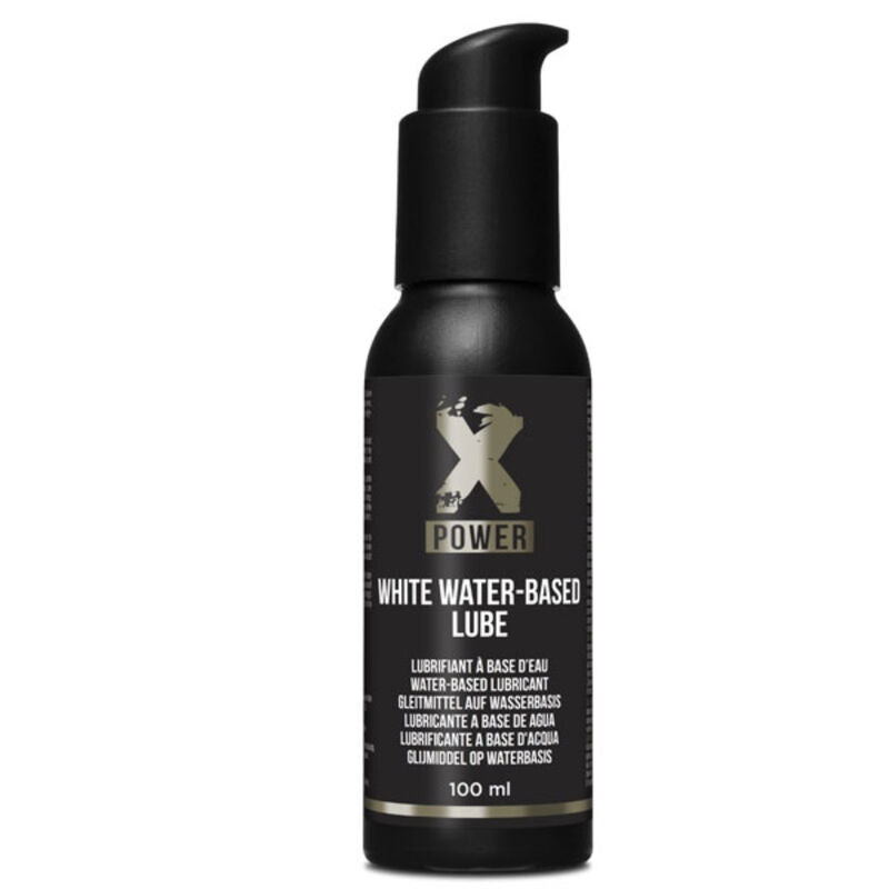 Flacon pompe noir du lubrifiant Xpower base eau effet blanc 100 ml, vue de face, texture glissante au pH neutre, formule vegan compatible preservatifs