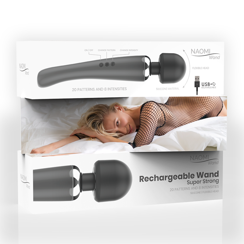 Boîte du masseur Naomi Wand rechargeable montrant le wand noir, port USB-C et un visuel de modèle allongée en lingerie résille, packaging Super Strong 20 motifs.