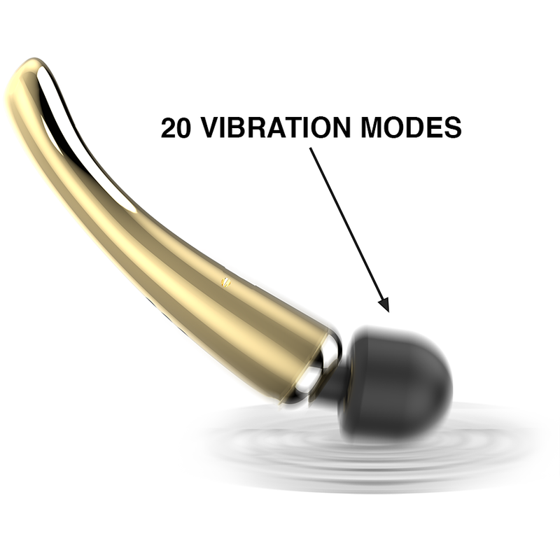 Tête du wand Ibiza en silicone noir sur manche doré incurvé, mention 20 modes de vibration