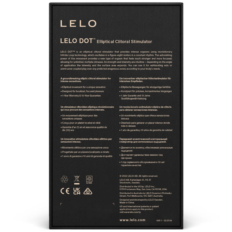 Dos de la boite noire Lelo Dot, texte produit du stimulateur clitoridien elliptique et logos certification, packaging sans visuel anatomique.