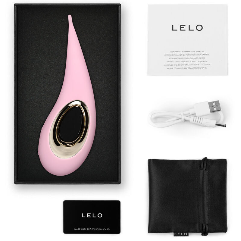 Coffret Lelo Dot rose pale ouvert avec notice, cable USB, carte garantie et pochette satin, stimulateur clitoridien elliptique de precision.