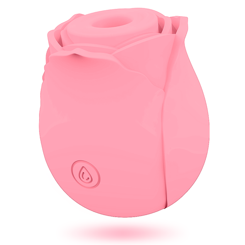 Stimulateur clitoridien par succion rose en silicone doux en forme de rose epanouie, vue de trois quarts, bouton de commande en goutte sur le petale.