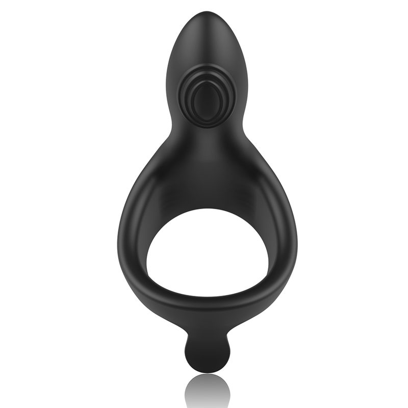 Cockring vibrant Anbiguo en silicone noir, anneau lisse avec petit module vibrant en relief et boule sous l'anneau, stimulateur penien rechargeable etanche.