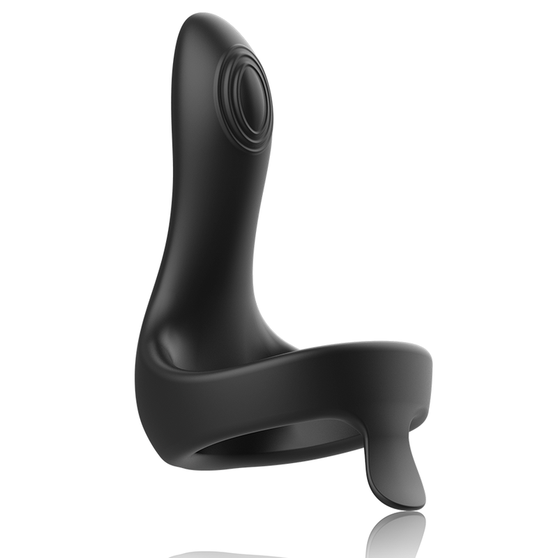 Stimulateur penien Anbiguo Arkadio en silicone noir, anneau et bras a relief concentrique vibrant, cockring rechargeable etanche compatible Watchme.