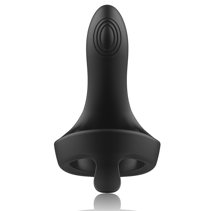 Stimulateur penien Anbiguo Arkadio en silicone noir vu de face, double ouverture annulaire et bras vibrant a relief, cockring gland et perinee 8 modes.