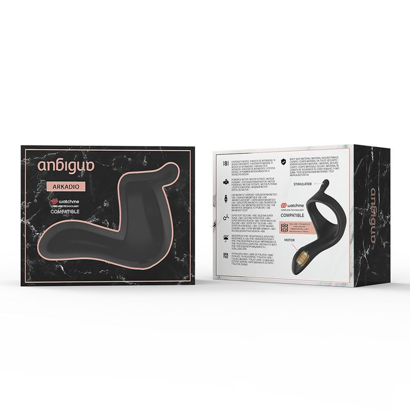 Emballage du stimulateur Anbiguo Arkadio, faces avant et arriere marbre avec notice, presentation du cockring vibrant gland et perinee compatible Watchme.