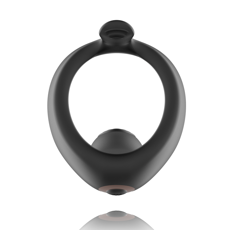 Cockring Anbiguo en silicone noir, anneau lisse surmonte d'un module vibrant et d'une boule de stimulation perineale, accessoire penien etanche rechargeable.