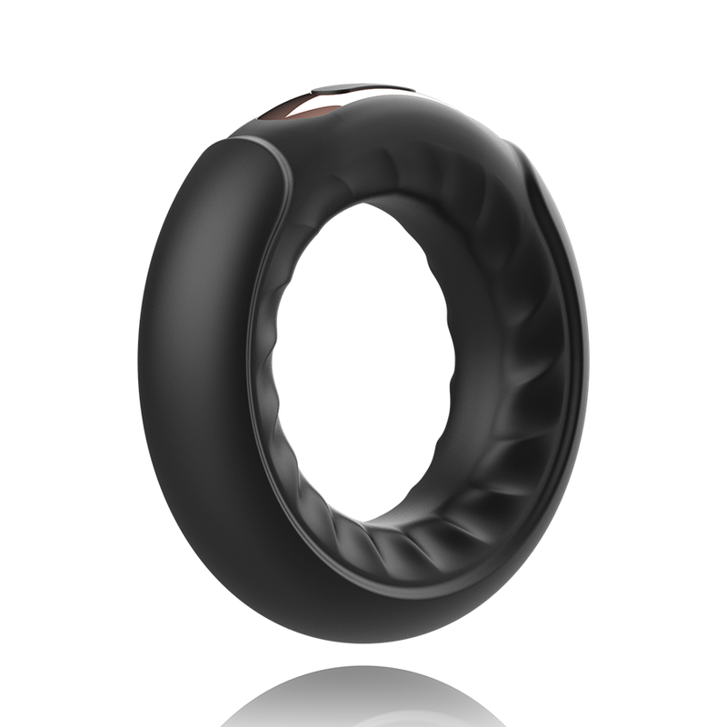 Anneau vibrant Anbiguo Adriano en silicone noir texturé torsade vu de face, large ouverture circulaire, cockring souple a 2 moteurs compatible Watchme.