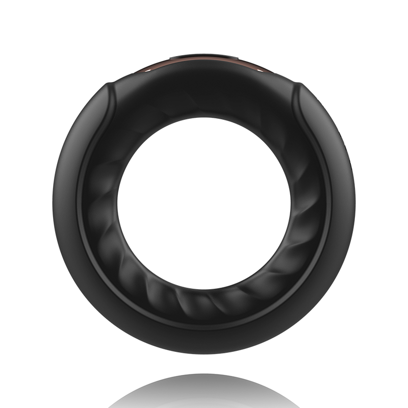 Anneau vibrant Anbiguo Adriano en silicone noir torsade vu de trois quarts droite, surface lisse et relief en spirale, cockring rechargeable etanche 7 modes.