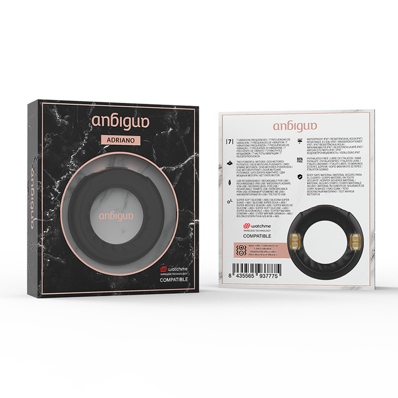 Emballage de l'anneau vibrant Anbiguo Adriano, faces avant et arriere marbre avec notice, presentation du cockring a 2 moteurs compatible telecommande Watchme.