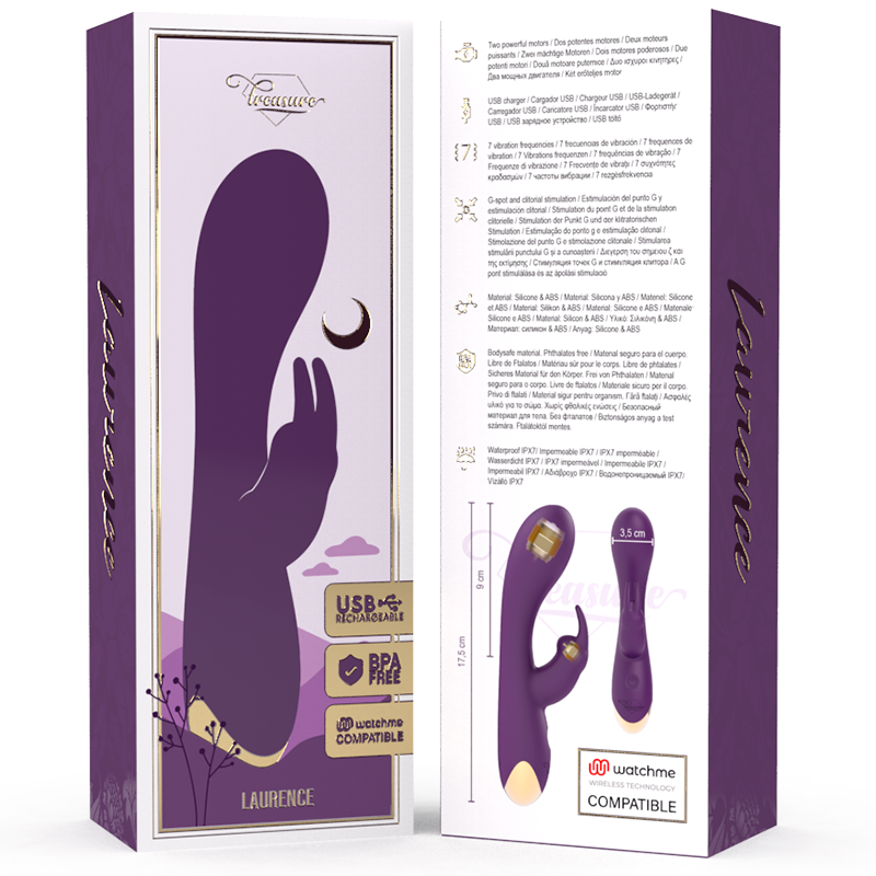 Emballage du vibromasseur lapin Treasure Laurence avec caractéristiques USB, IPX7 et WatchMe compatible