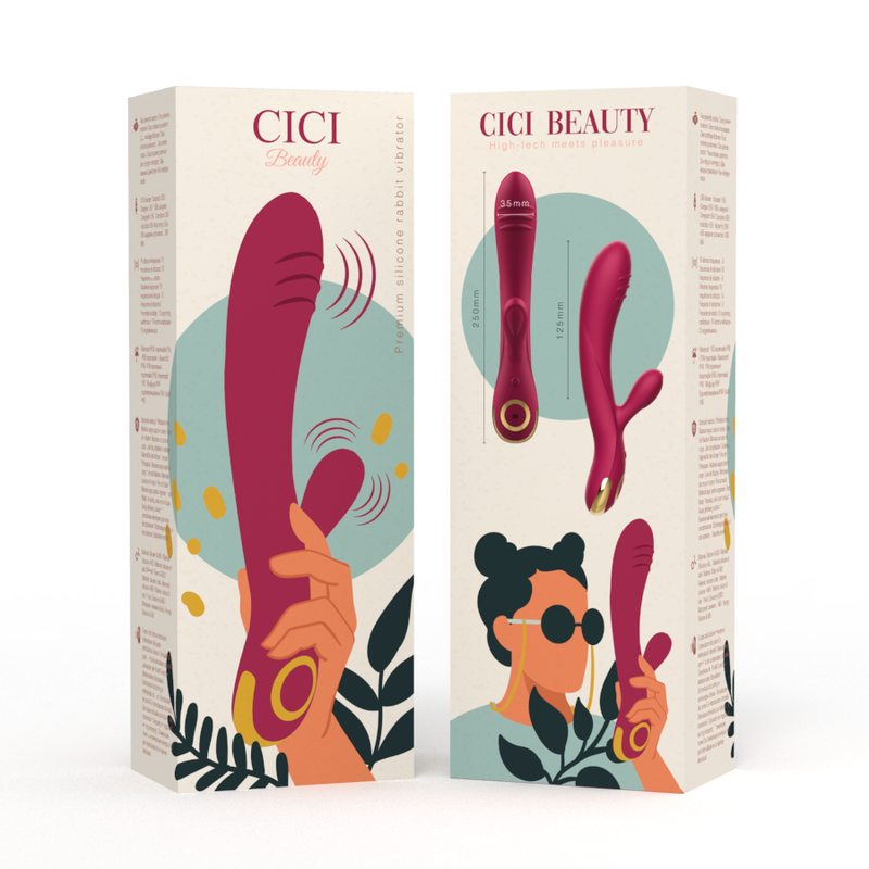 Emballage du vibromasseur rabbit Cici Beauty ouvert recto verso, illustrations pastel d une main et d un visage stylise, visuel produit framboise et mentions du toy.