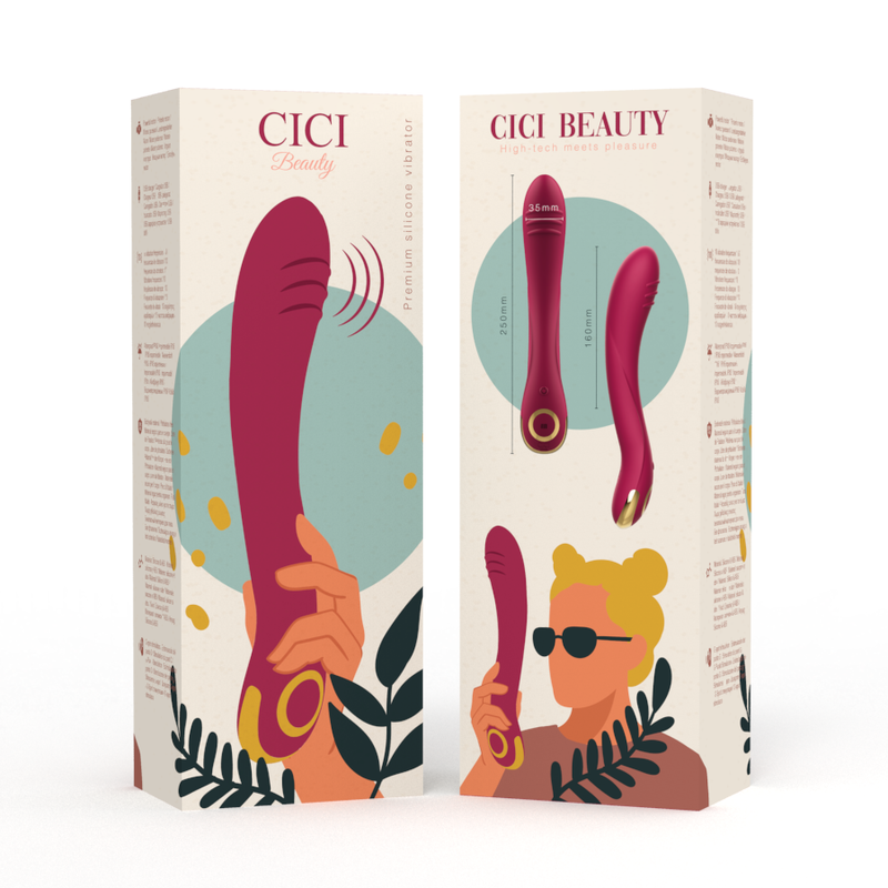 Emballage du stimulateur point G Cici Beauty recto verso, illustrations pastel d une main tenant le toy et d un visage stylise, presentation du vibromasseur framboise.