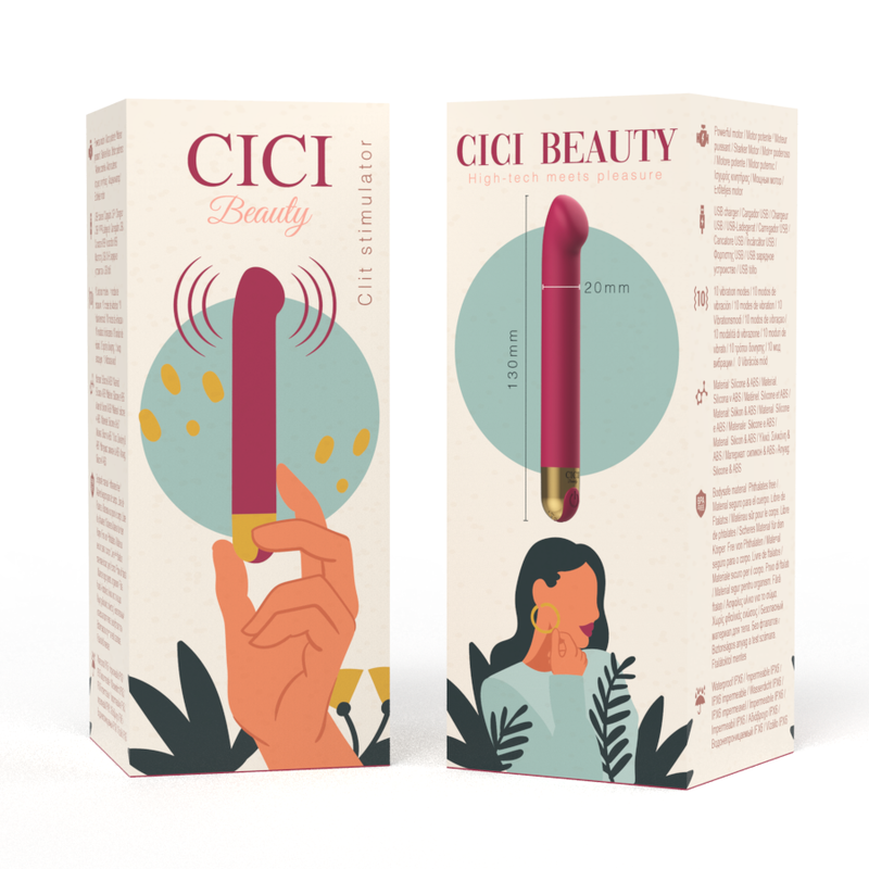 Emballage du mini stimulateur clitoridien Cici Beauty recto verso, illustrations pastel d une main et d un visage, visuel du toy framboise compact et mentions techniques.