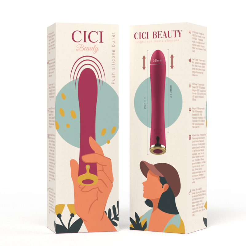 Emballage du vibromasseur bullet Cici Beauty recto verso, illustrations pastel d une main et d un visage stylise, visuel du toy framboise et indications de taille.