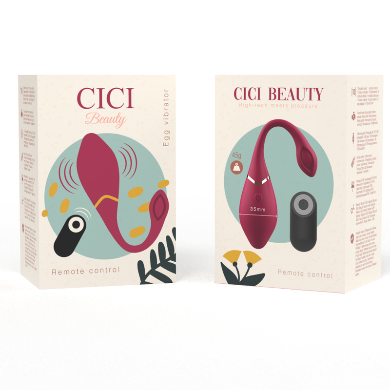 Emballage de l oeuf vibrant Cici Beauty recto verso, illustrations pastel et canard mascotte, visuel du toy framboise avec telecommande et mention remote control.